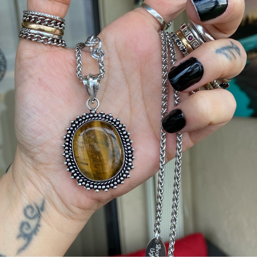 925 Sterling silver overlay golden brown tiger eye gemstone steel boho necklace - Picture 11 of 13